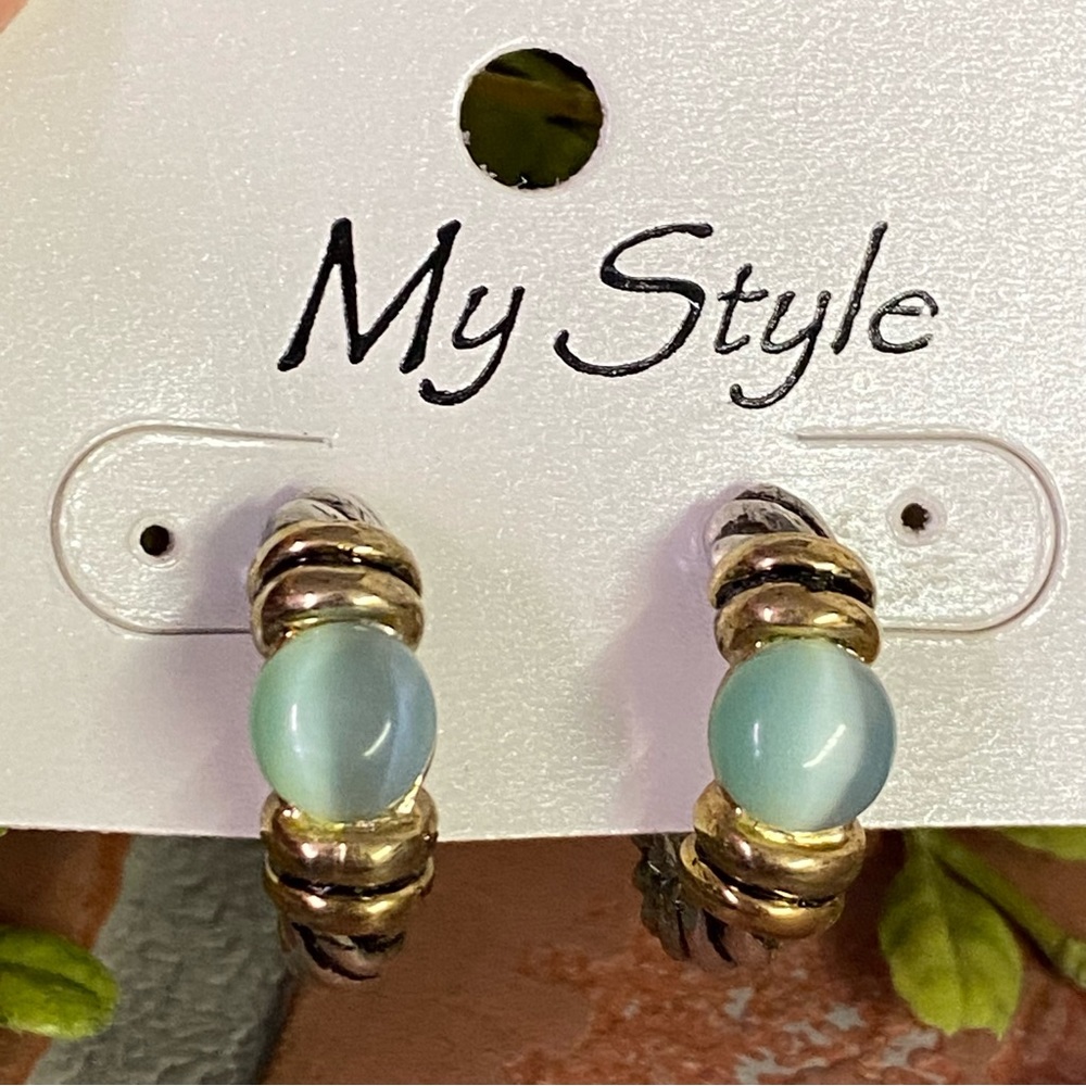 Fashion Silver & Gold Tone Small Hoop Earrings Green Tiger Eye Detail